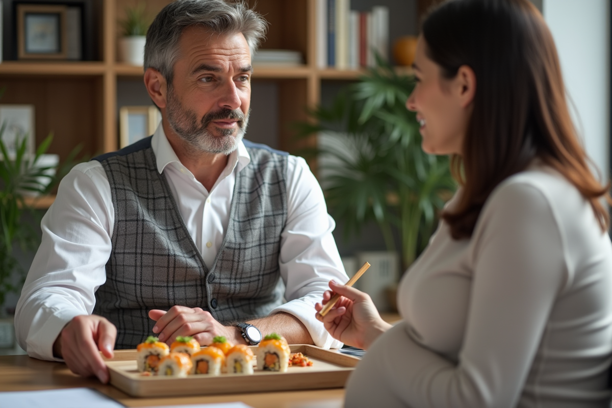 Nutritionniste expliquant la nutrition du sushi à une femme enceinte