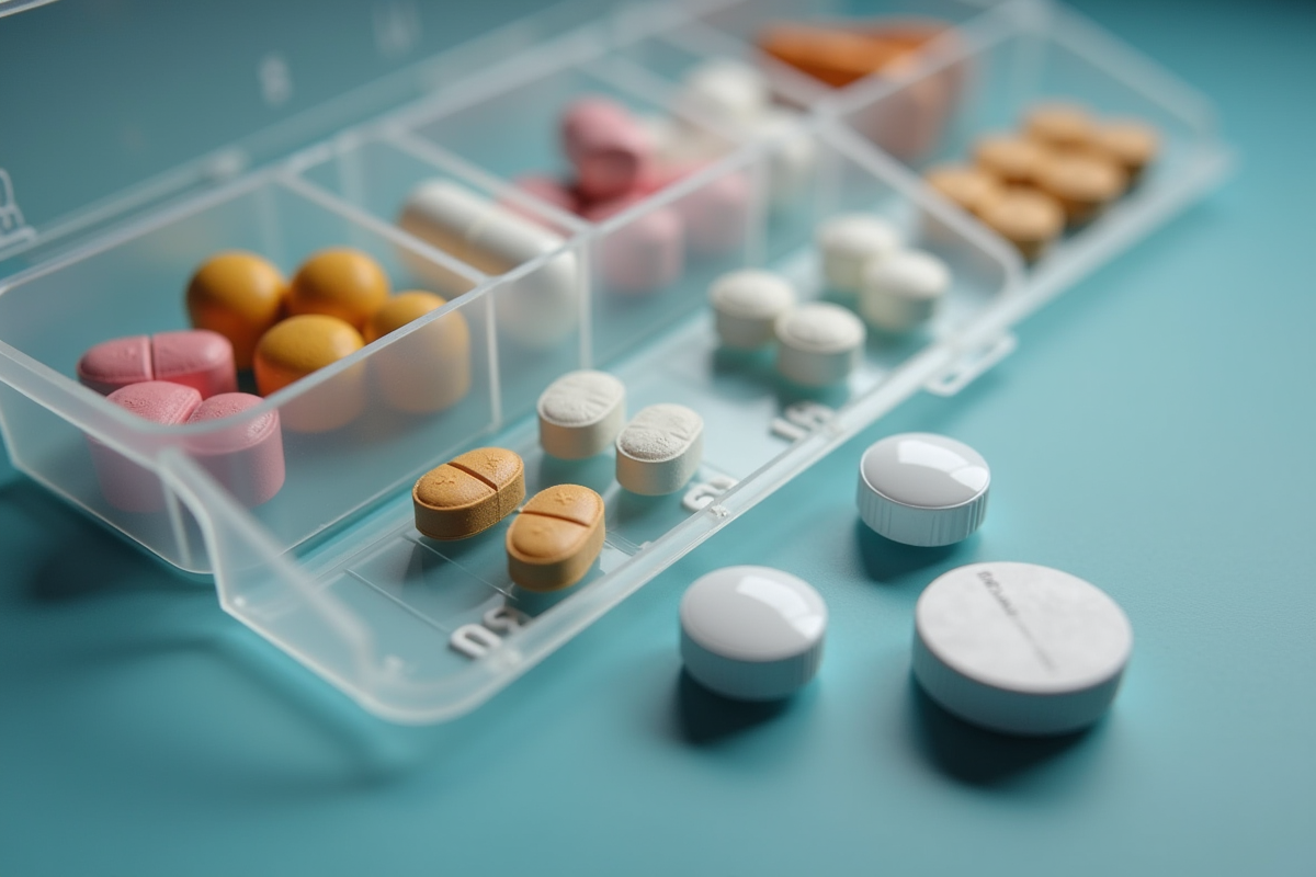 Organisateur de médicaments rempli de pilules de cortisone vues d