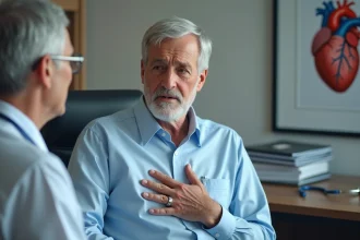 Patient âgé en consultation cardiologique discutant de la durée de vie d'un stent coronarien avec son médecin