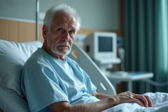 Homme agee en gown hospitalier assis sur un lit