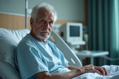 Homme agee en gown hospitalier assis sur un lit