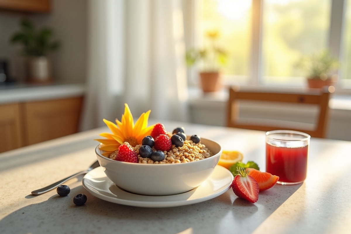 Petit déjeuner sain avec flocons fruits et eau dans cuisine lumineuse