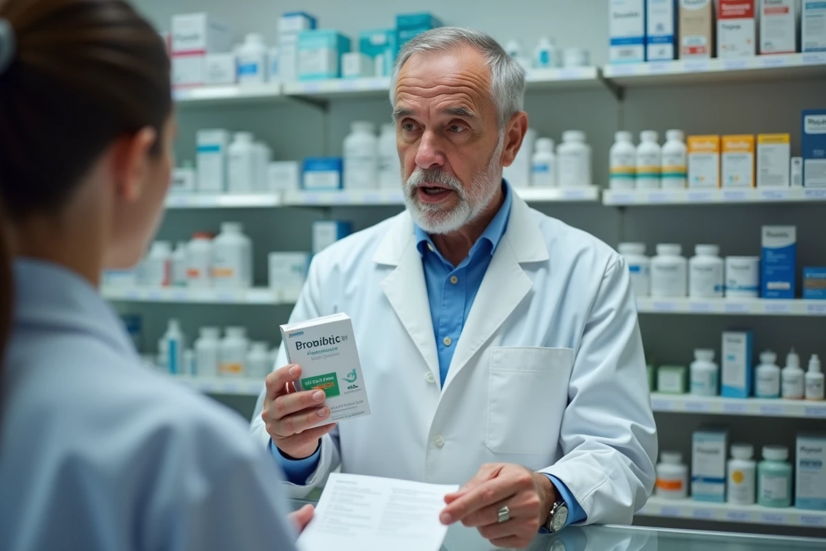 Pharmacien conseillant un patient sur la prise simultanée d'antibiotiques et de probiotiques comme Ultra Levure