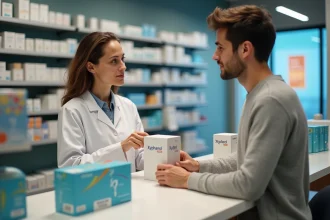 Pharmacienne expliquant les produits Xyphanol et Xylitol en pharmacie