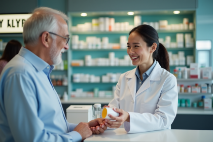 Pharmacienne en blouse blanche remet une ordonnance à un client âgé