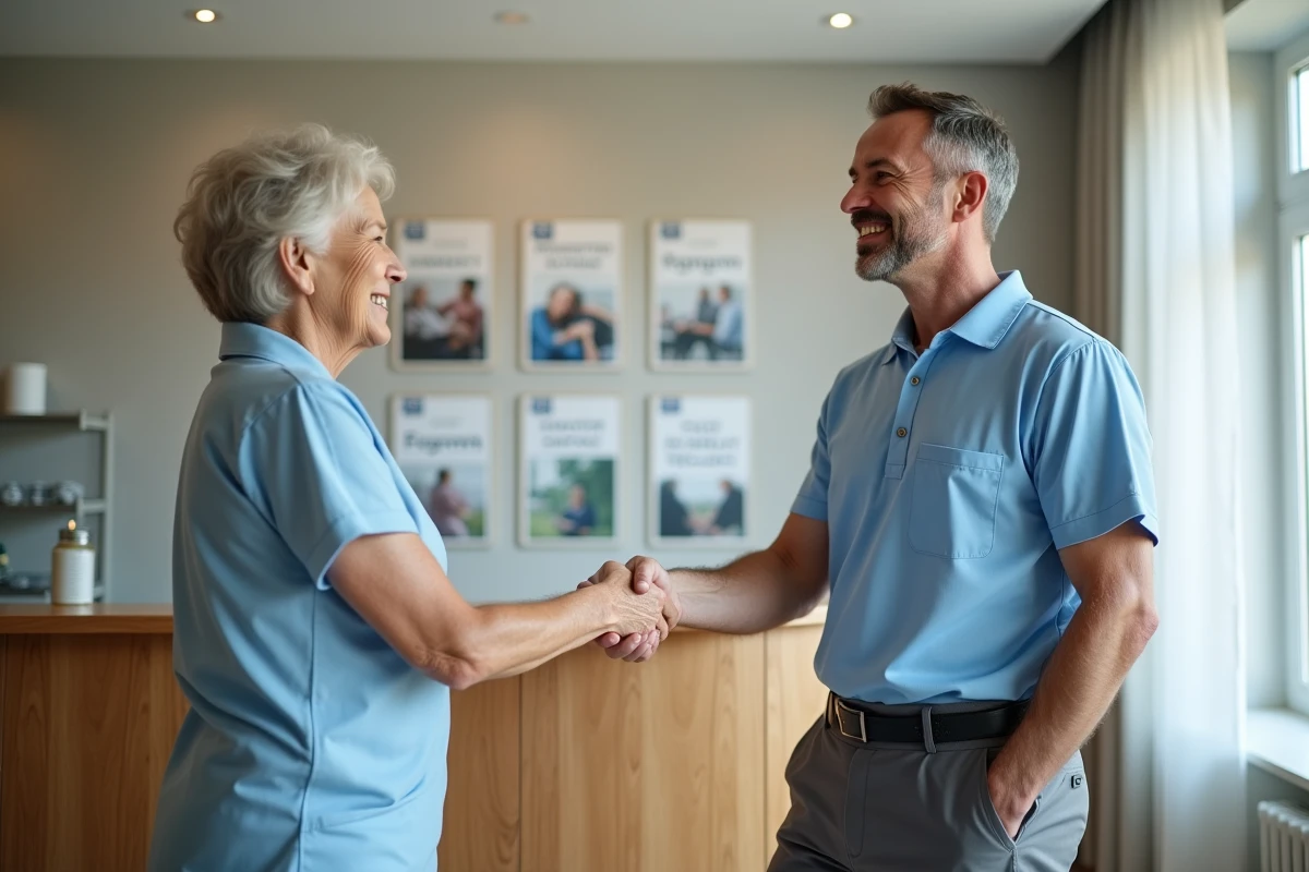 Physiotherapeute accueillant une patiente souriante