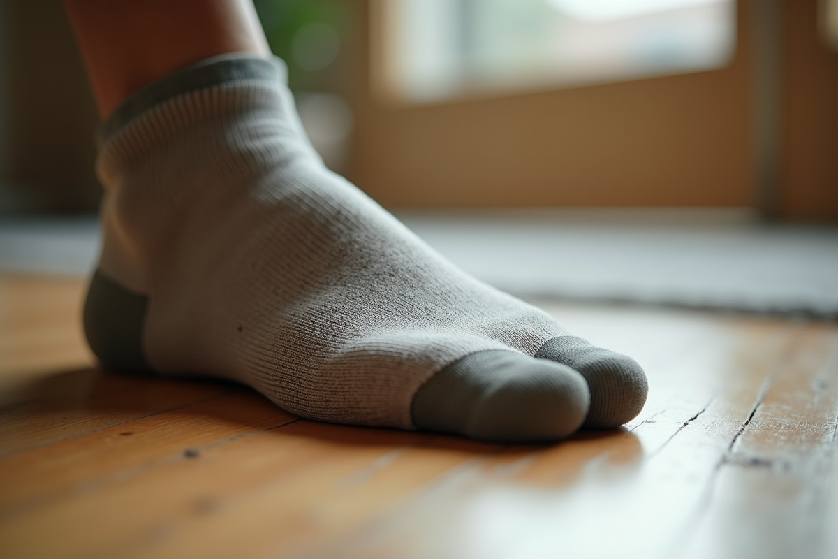 Pied avec chaussette sale sur sol en bois