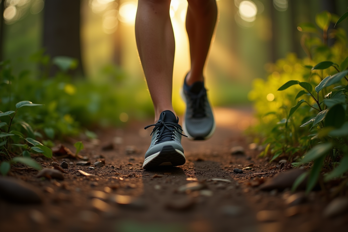 Pieds en chaussures de sport marchant sur un sentier forestier au matin