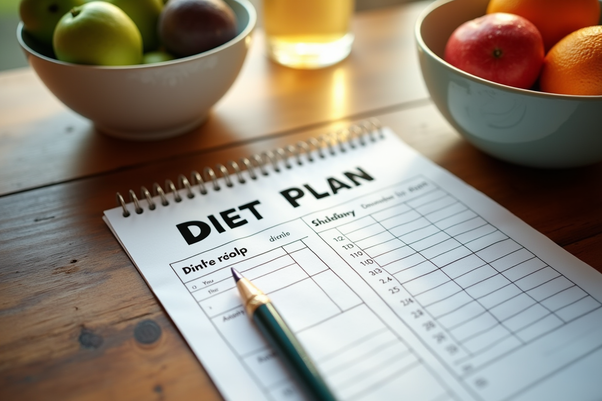 Plan diet écrit à la main avec fruits frais sur une table en bois
