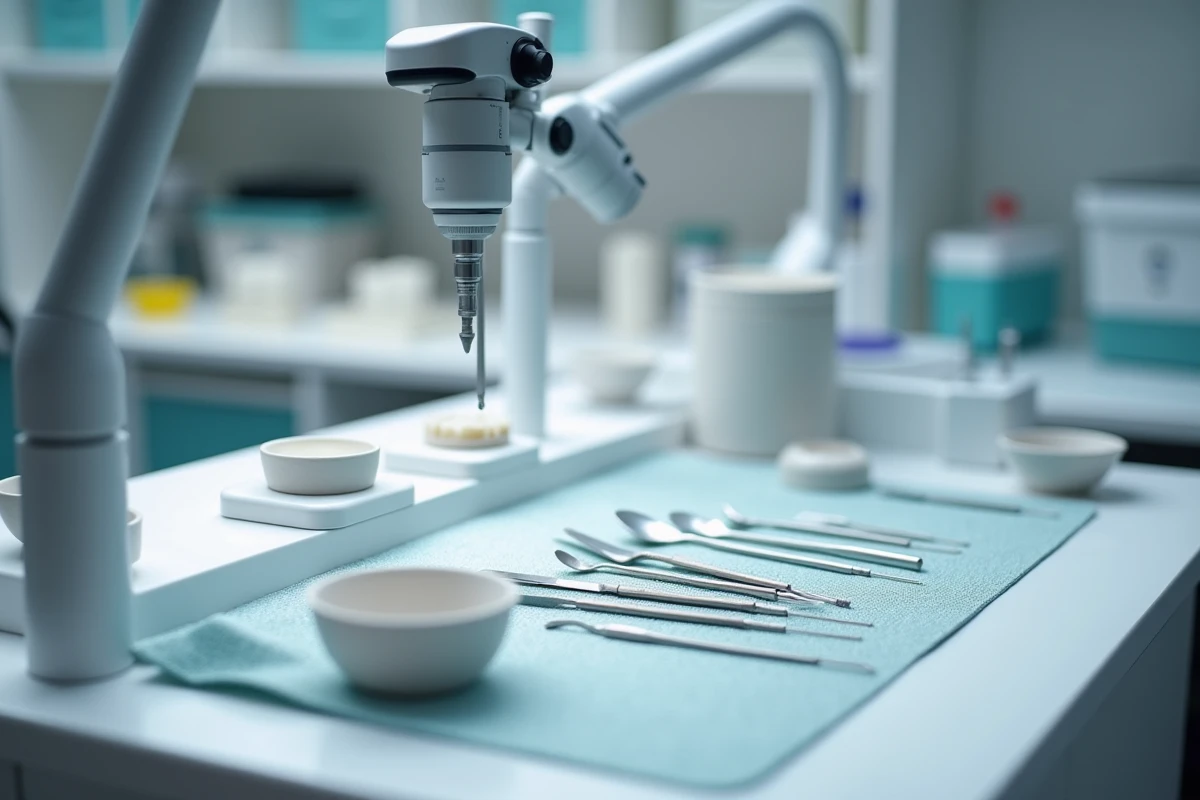 Plan de travail de laboratoire dentaire avec matériel Capdentaire ergonomique, instruments organisés et supports modulaires