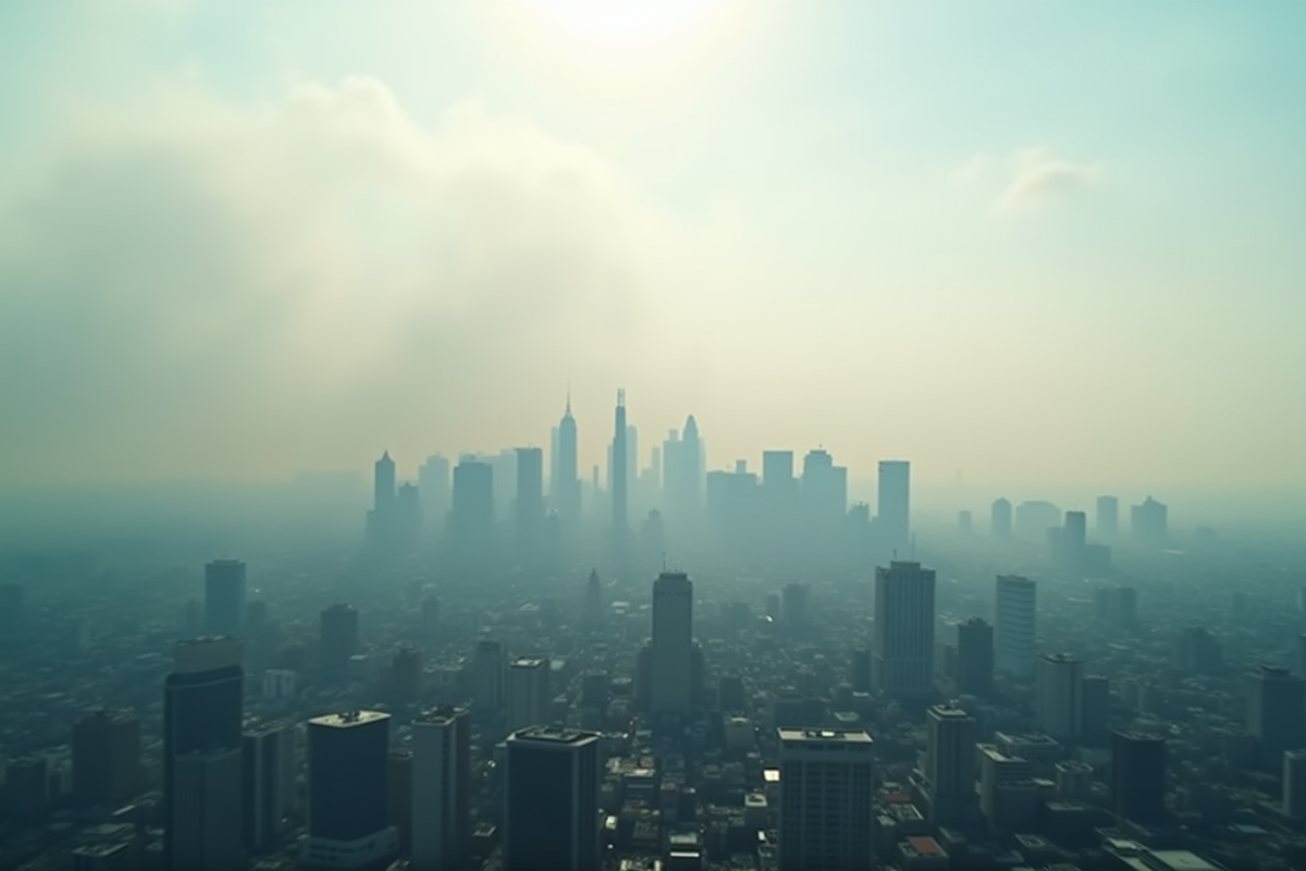 Hautes buildings avec pollution atmospherique en plein jour