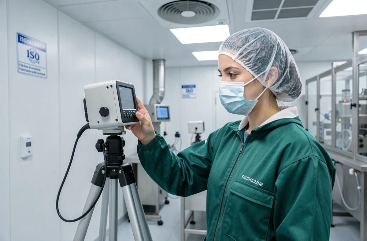Opératrice réalisant un prélèvement microbiologique par aérobiocollecteur dans une salle blanche pharmaceutique