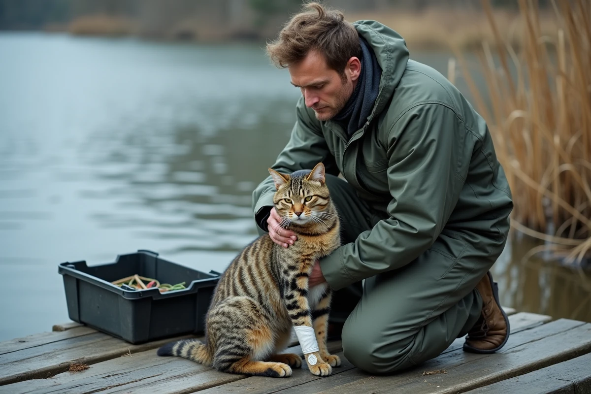 Pêcheur soignant un chat blessé par une morsure de brochet au bord d'un lac