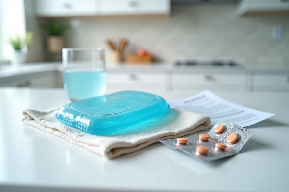 Pack de glace, médicaments anti-inflammatoires et fiche médicale posés sur un comptoir pour traiter une douleur au coccyx
