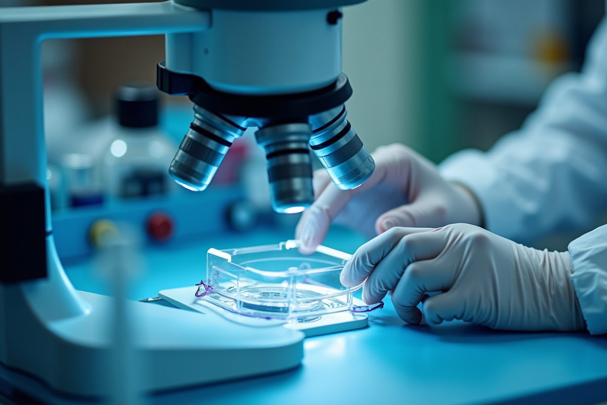 Mains en gants préparant une lame sous microscope en laboratoire