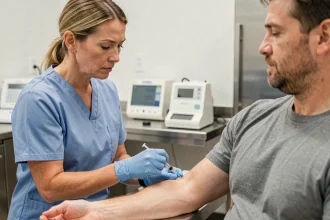 Infirmière réalisant une prise de sang sur un patient dans un laboratoire médical moderne pour un bilan hépatique Gamma GT