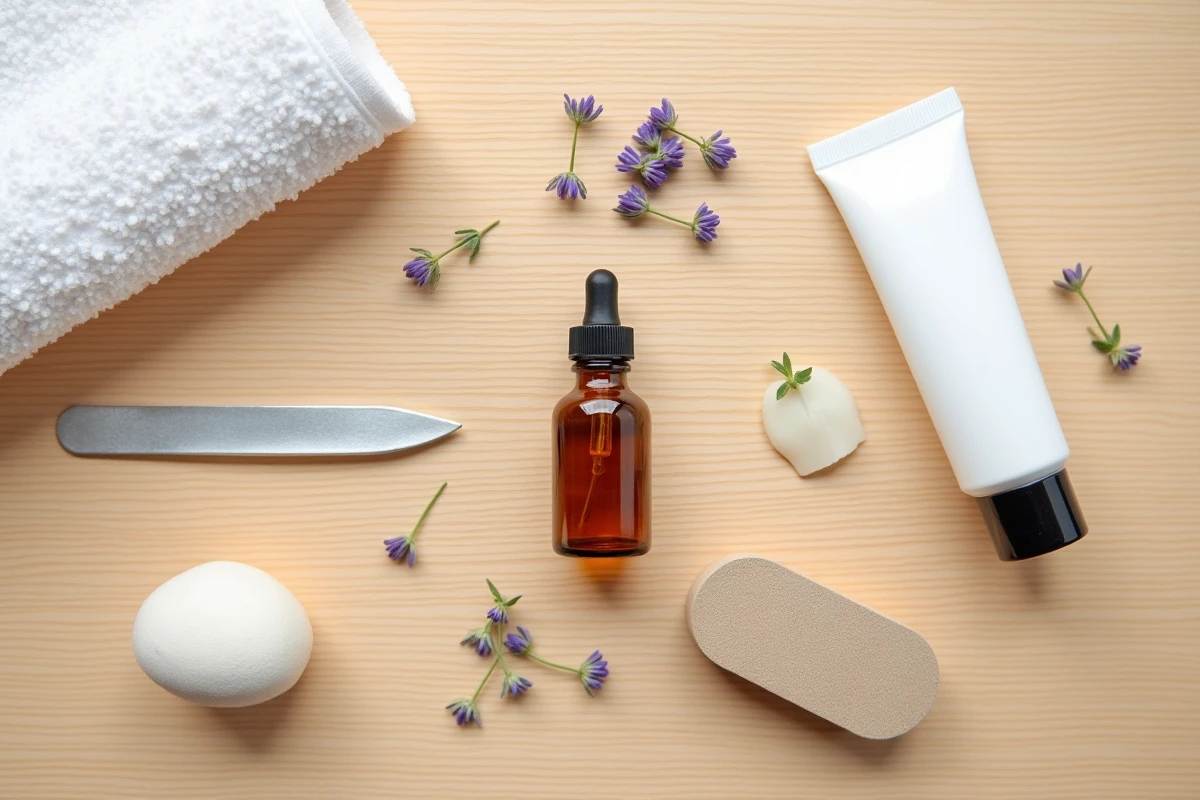 Produits de soin pour ongles épais des pieds : huile, lime, pierre ponce, crème à l'urée et serviette éponge