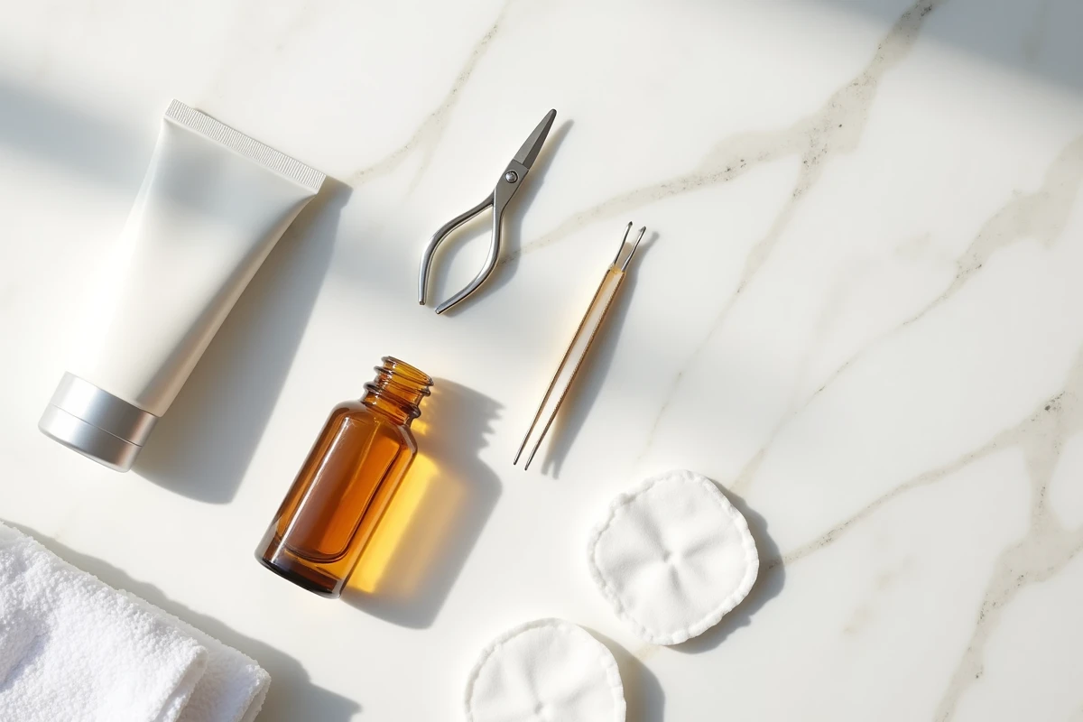 Produits de soin pour poils incarnés zone maillot : huile tea tree, gel exfoliant, pince à épiler sur marbre blanc