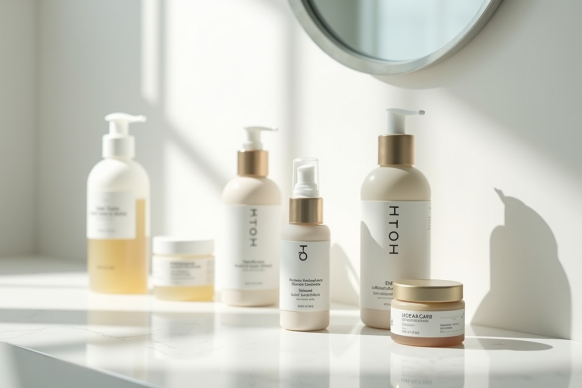 Produits de soin disposés sur un comptoir de salle de bain lumineux