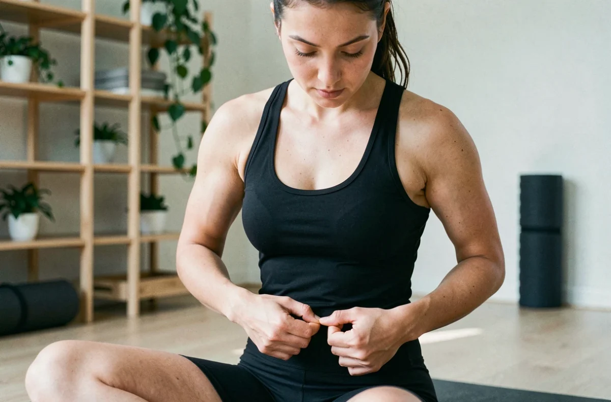 Femme analysant les résultats visibles sur sa silhouette après un suivi avec le programme Kalinoe