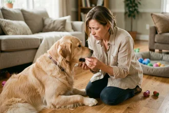 Femme inquiète examinant l'haleine de son chien golden retriever à la maison, cherchant la cause d'une odeur anormale