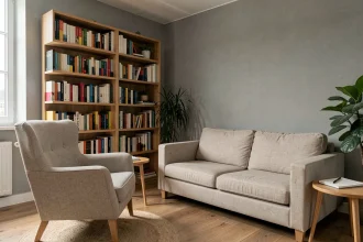 Cabinet de psychologie moderne dans le Pas-de-Calais avec fauteuil confortable et bibliothèque de livres professionnels
