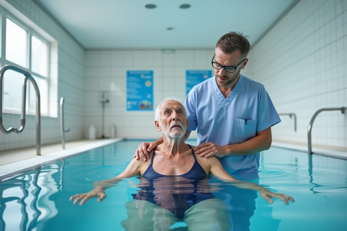 Kinésithérapeute accompagnant un patient âgé en rééducation neurologique thermale dans un centre de cure en France