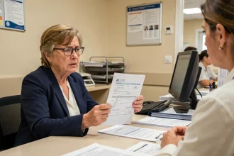 Femme tenant un bon de transport CERFA rejeté au guichet d'un hôpital français
