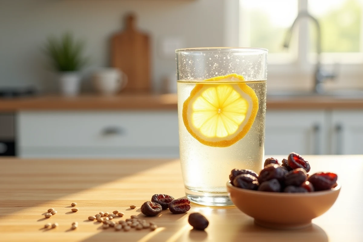 Remèdes naturels contre la constipation incluant eau citronnée, pruneaux et graines de lin disposés sur une table en bois