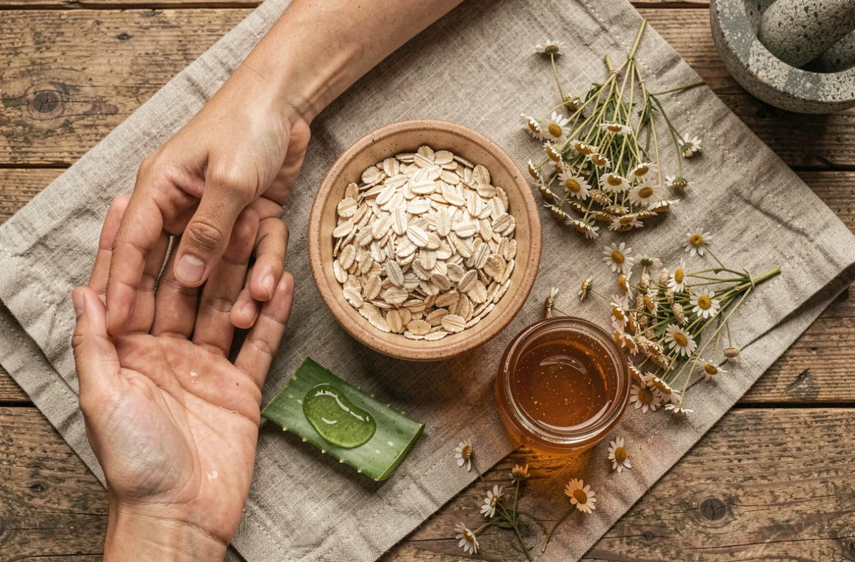 Remèdes naturels pour soulager la main qui gratte : aloe vera, miel, avoine et camomille sur table en bois