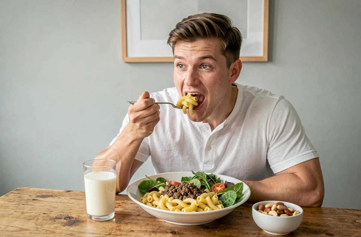 Jeune homme sportif mangeant un repas complet pour la prise de masse à une table d'appartement