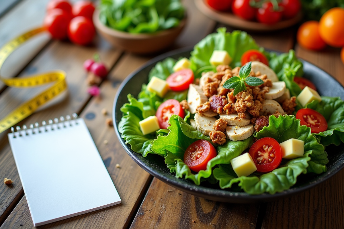Salade saine avec mètre ruban et carnet sur table en bois