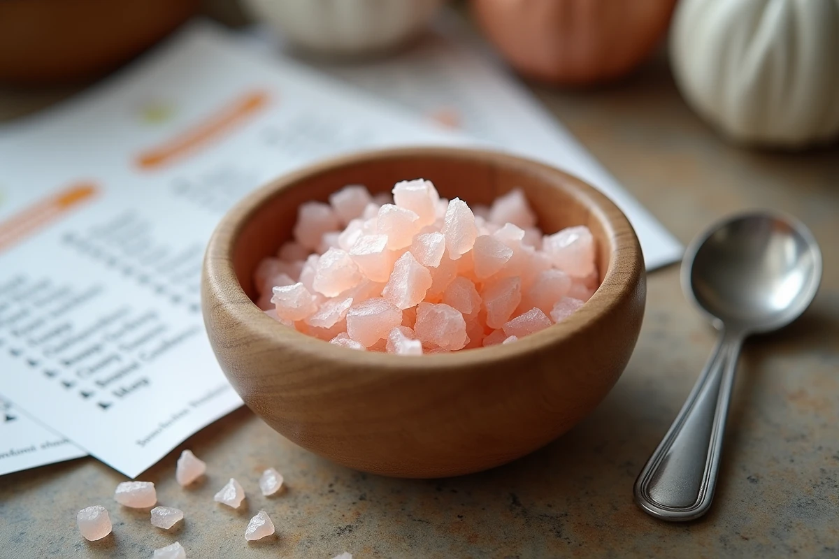 Petit bol en bois avec sel rose Himalaya et cuill&egrave;re en acier