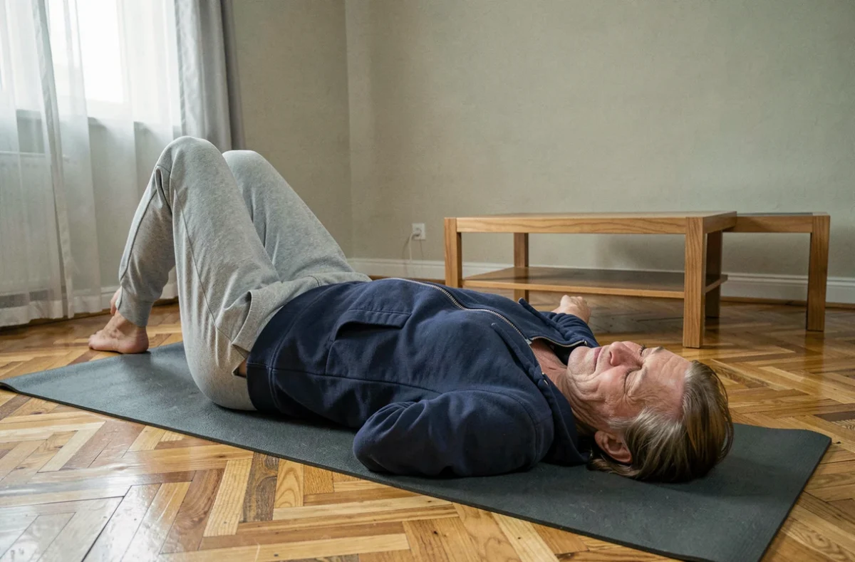 Personne s'étirant sur un tapis de yoga pour soulager une douleur chronique dans le bas du dos côté droit