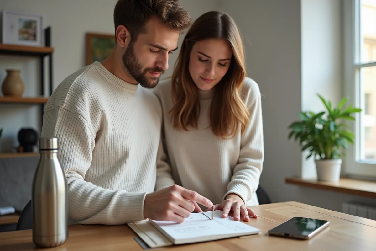 Couple consultant un carnet de suivi de consommation à domicile pour adopter des habitudes de vie plus durables