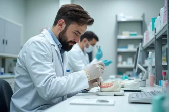 Technicien de laboratoire dentaire travaillant sur une prothèse avec du matériel Capdentaire ergonomique sur un plan de travail réglable