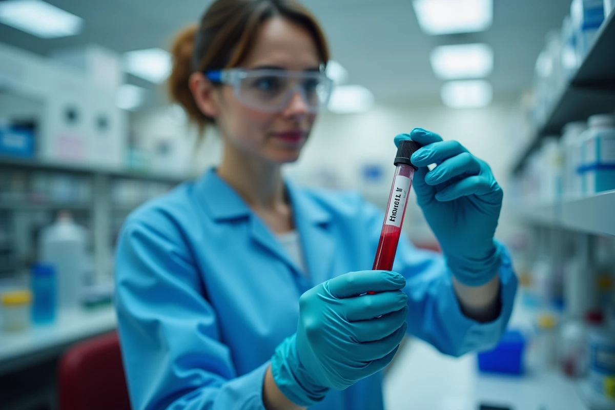 Technicienne de laboratoire manipulant un tube de prise de sang pour analyser les monocytes