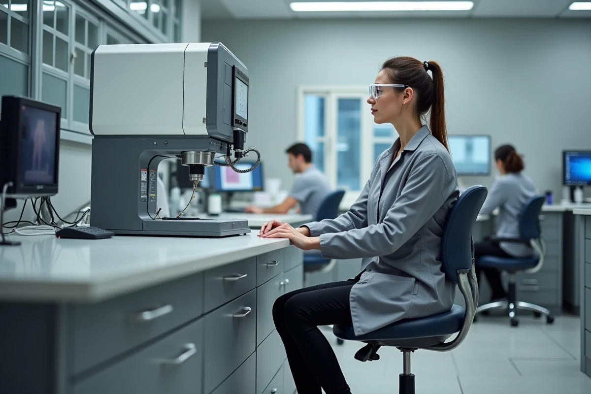 Technicienne de laboratoire dentaire assise sur un tabouret ergonomique devant une fraiseuse dentaire dans un laboratoire moderne