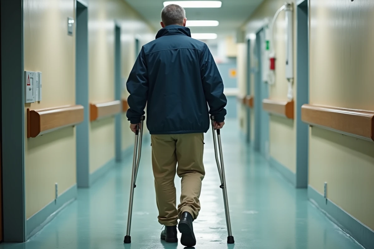Homme utilisant deux béquilles axillaires sur un sol de couloir hospitalier glissant, technique d'équilibre
