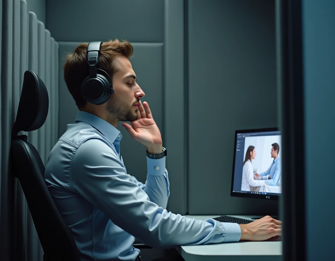 Homme portant un casque audiom&eacute;trique lors d'un test auditif en cabine d'audiologie pour diagnostiquer un sifflement dans l'oreille gauche