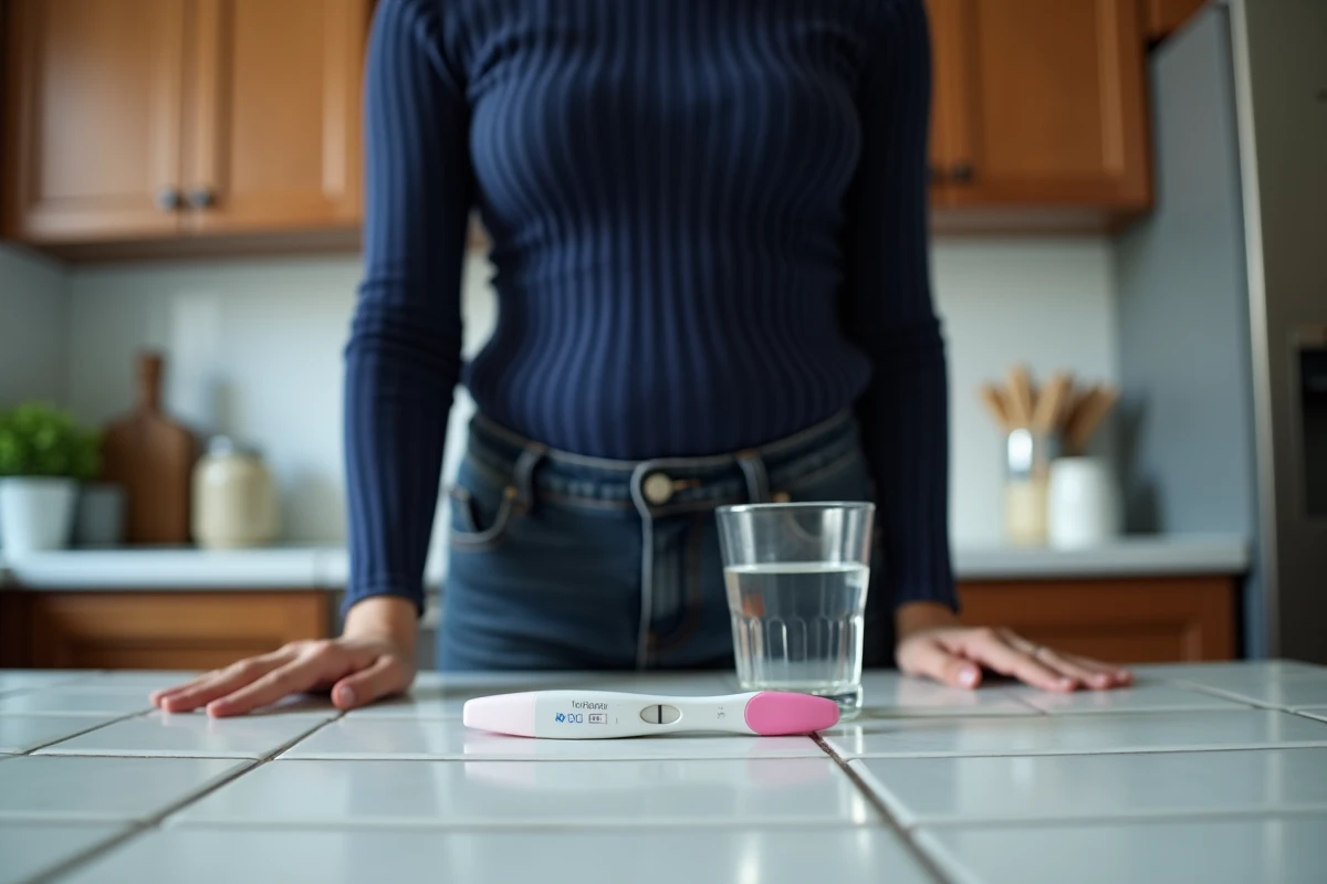 Femme posant un test de grossesse sur un comptoir de cuisine, attendant le résultat dans un cadre domestique réaliste