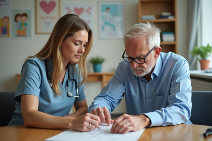 Therapeute en geriatrie aidant un senior lors d'une activité fine