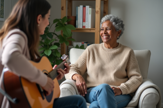 Femme d'âge moyen souriante dans un cabinet de thérapie musicale