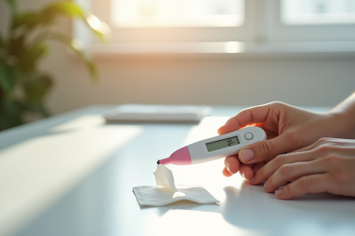 Mains tenant un thermomètre digital sur un bureau blanc