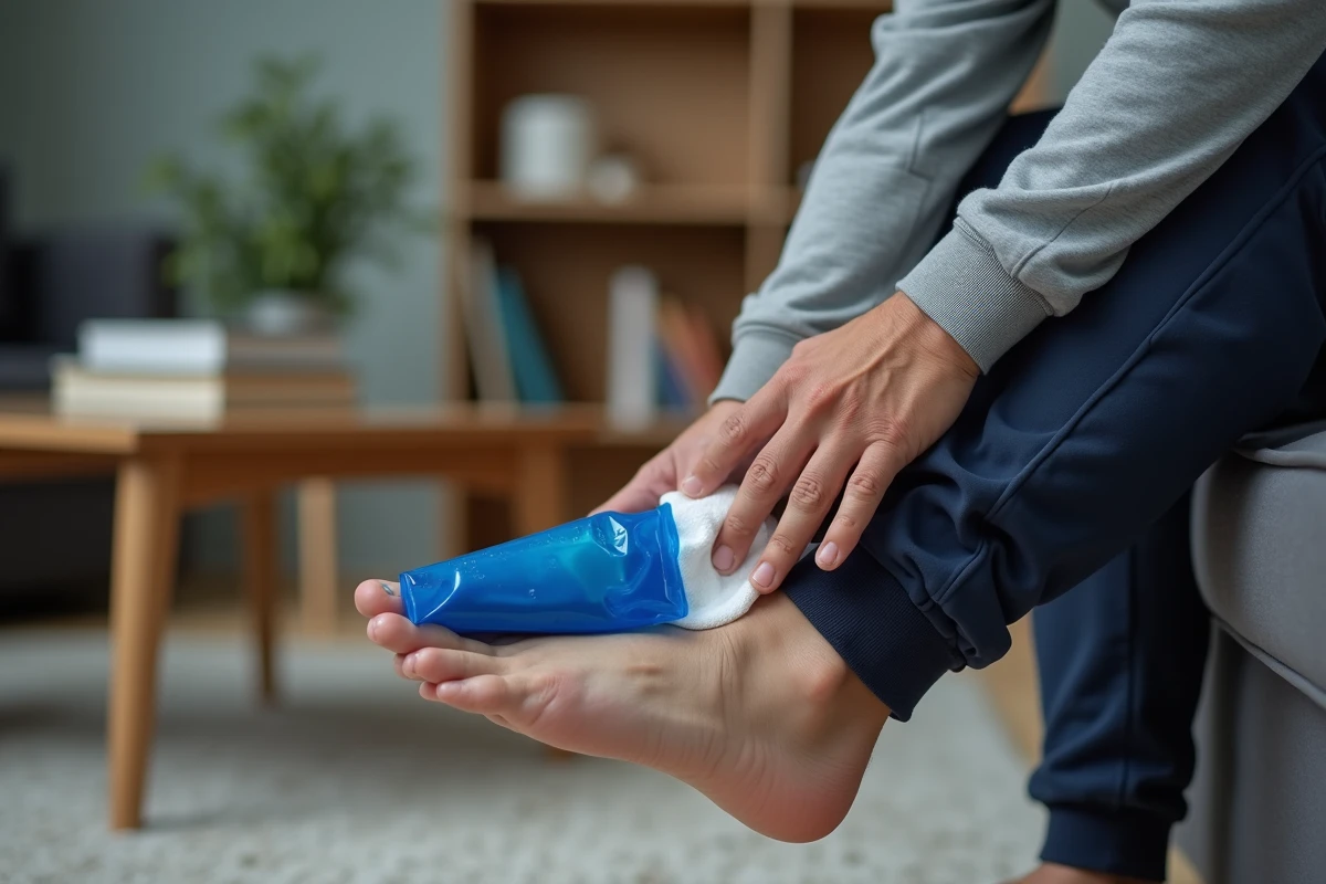Homme appliquant une poche de glace sur le côté externe du pied à domicile pour soulager la douleur du nerf sural