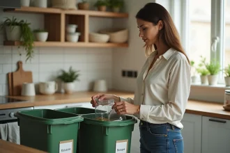 Femme triant ses déchets ménagers dans une cuisine moderne avec des bacs de recyclage étiquetés et des contenants réutilisables