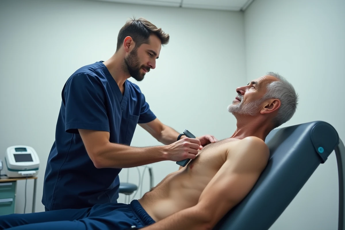 Kinésithérapeute utilisant une sonde d'ultrasons thérapeutiques sur l'épaule d'un patient pour traiter une lésion du tendon supra-épineux en cabinet privé