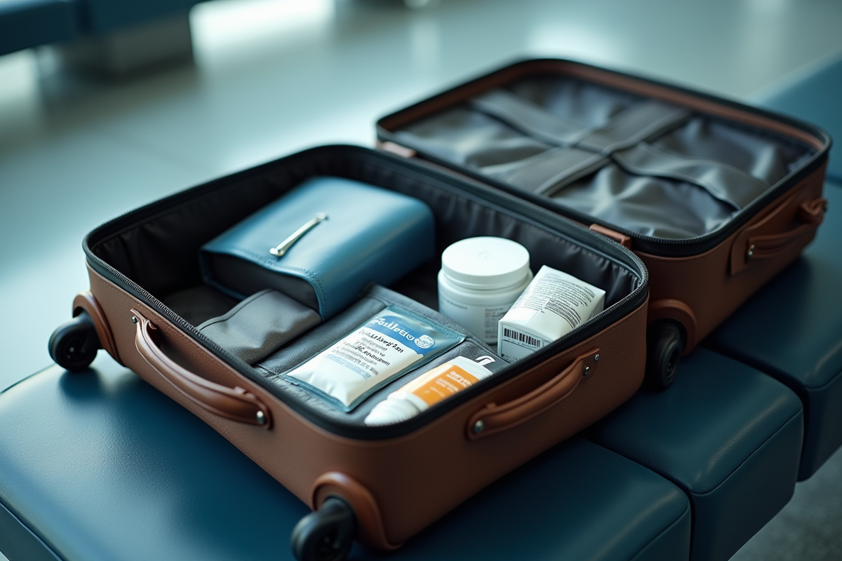 Valise ouverte avec médicaments et accessoires de voyage