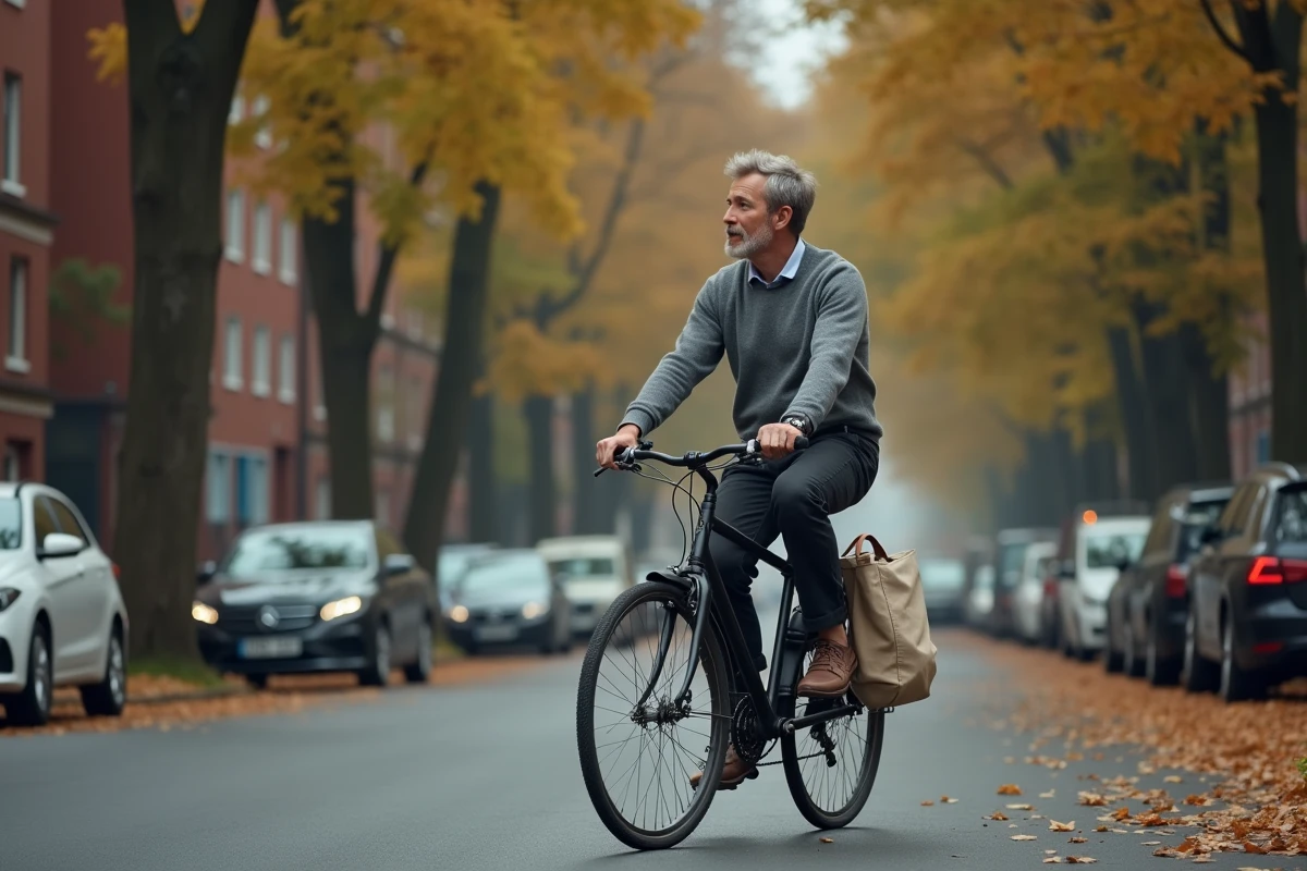 Homme à vélo en ville transportant un sac en tissu réutilisable, illustration d'un mode de vie éco-responsable au quotidien