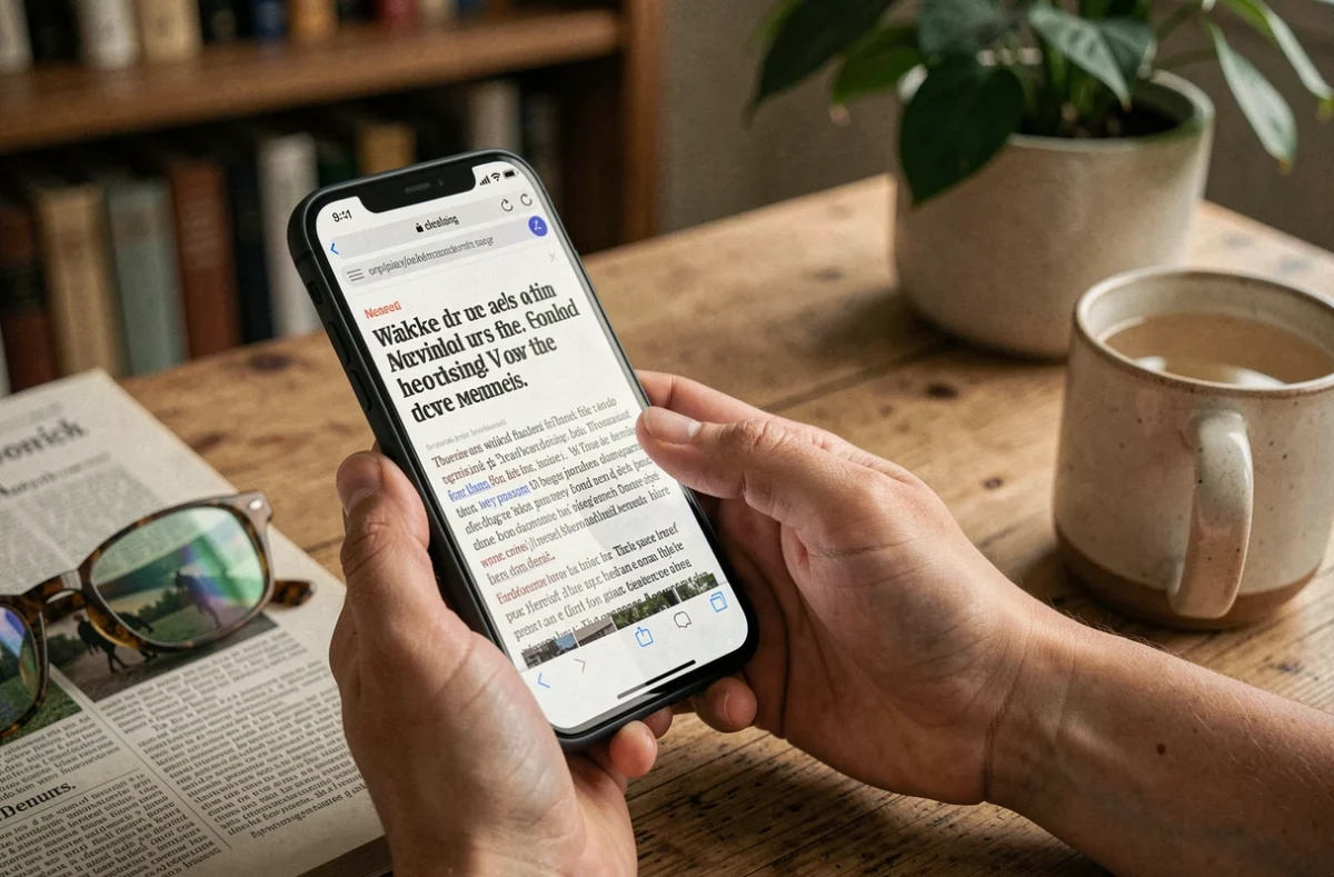Mains tenant un smartphone affichant un article d'actualité, vérification d'une information santé en ligne à côté d'un journal imprimé
